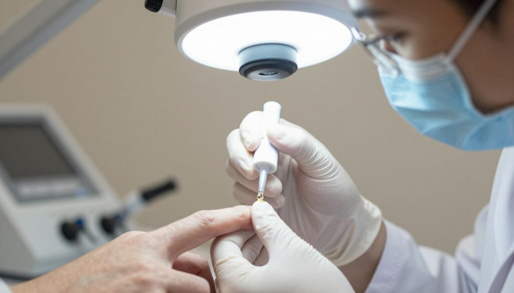 Applying immersion oil to finger for capillaroscopy