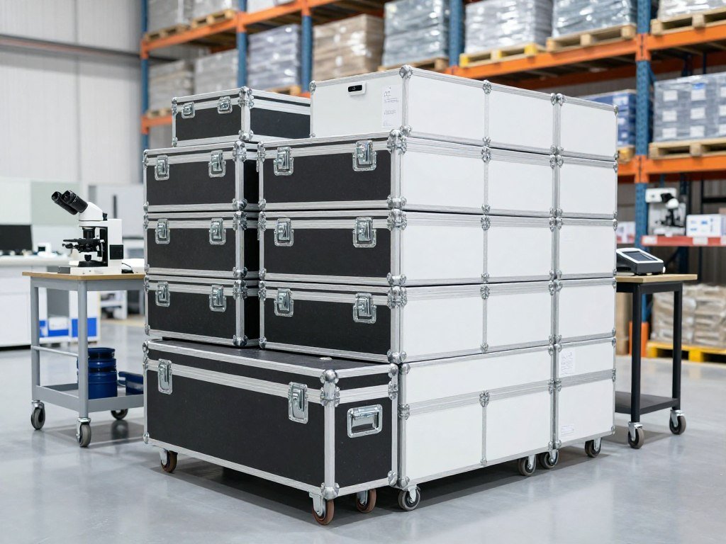 Medical device warehouse with packaged capillaroscopy equipment boxes Medical device warehouse with packaged capillaroscopy equipment boxes