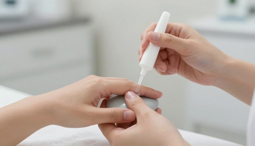 Physician preparing a patient finger for capillary visualization with immersion medium Physician preparing a patient finger for capillary visualization with immersion medium